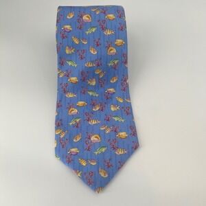 Lands End Blue‎ Fish Coral Aquarium Pattern Silk Necktie Made in USA Vintage